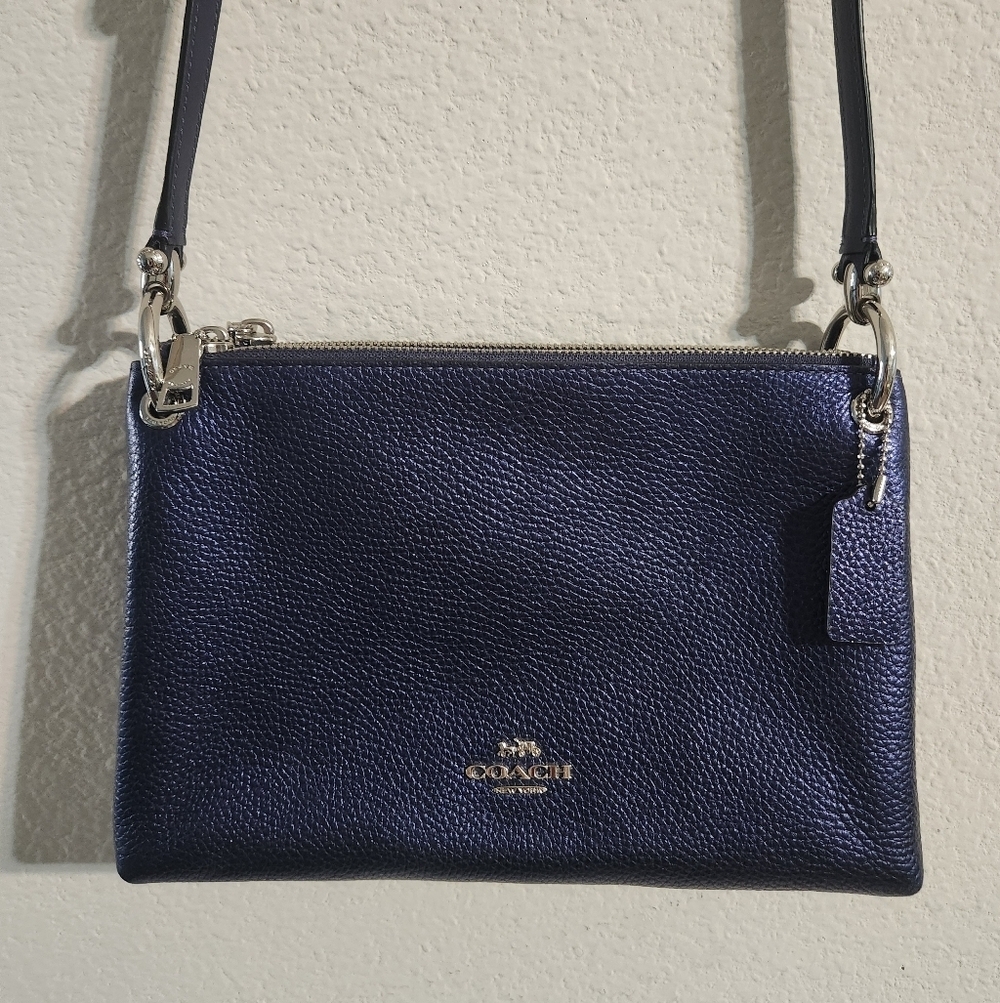 Coach Mia Crossbody bag metallic navy blue refined pebble leather dual zip - Picture 3 of 11